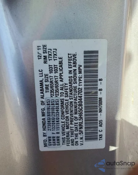 2012 Honda Odyssey Exl z USA, uszkodzony, nr VIN 5FNRL5H65CB044702